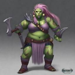 Create an image of a chubby, half-orc woman with long, pink hair and green skin who is a warrior