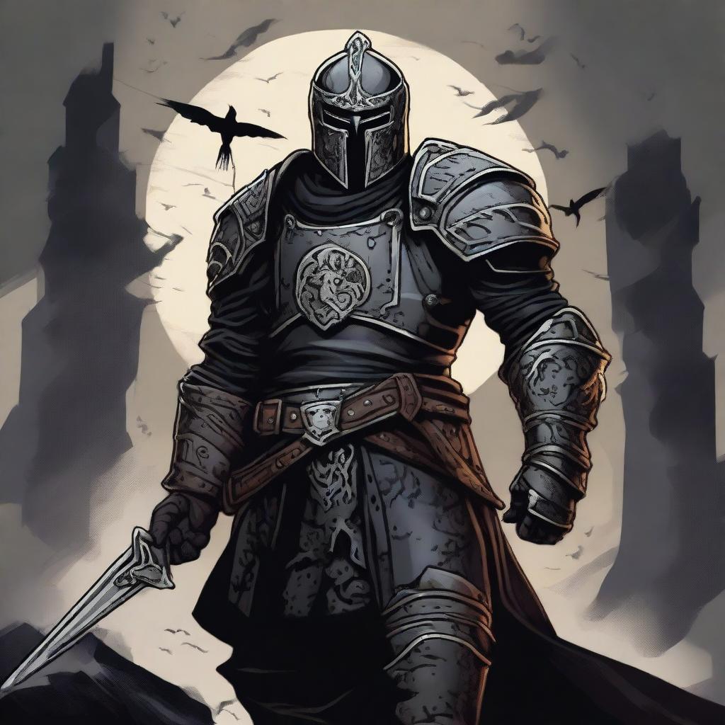 A detailed Dungeons and Dragons themed illustration of a knight who is a servant of the evil god Bane