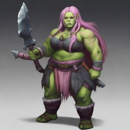 Create an image of a chubby, half-orc woman with long, pink hair and green skin who is a warrior