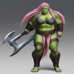 Create an image of a chubby, half-orc woman with long, pink hair and green skin who is a warrior