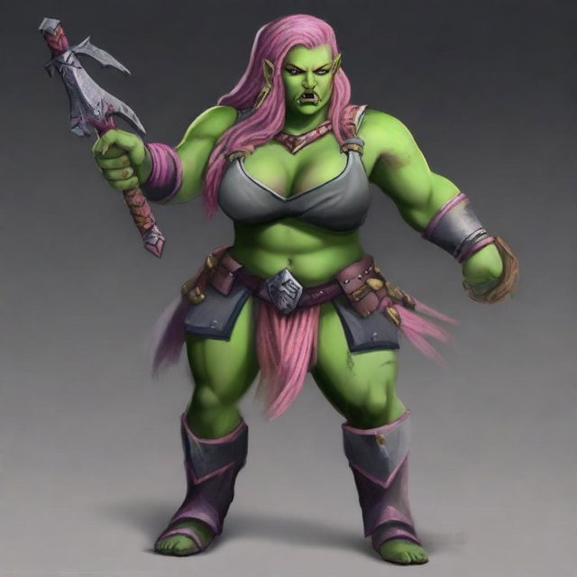 Create an image of a chubby, half-orc woman with long, pink hair and green skin who is a warrior