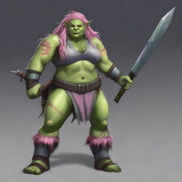 Create an image of a chubby, half-orc woman with long, pink hair and green skin who is a warrior