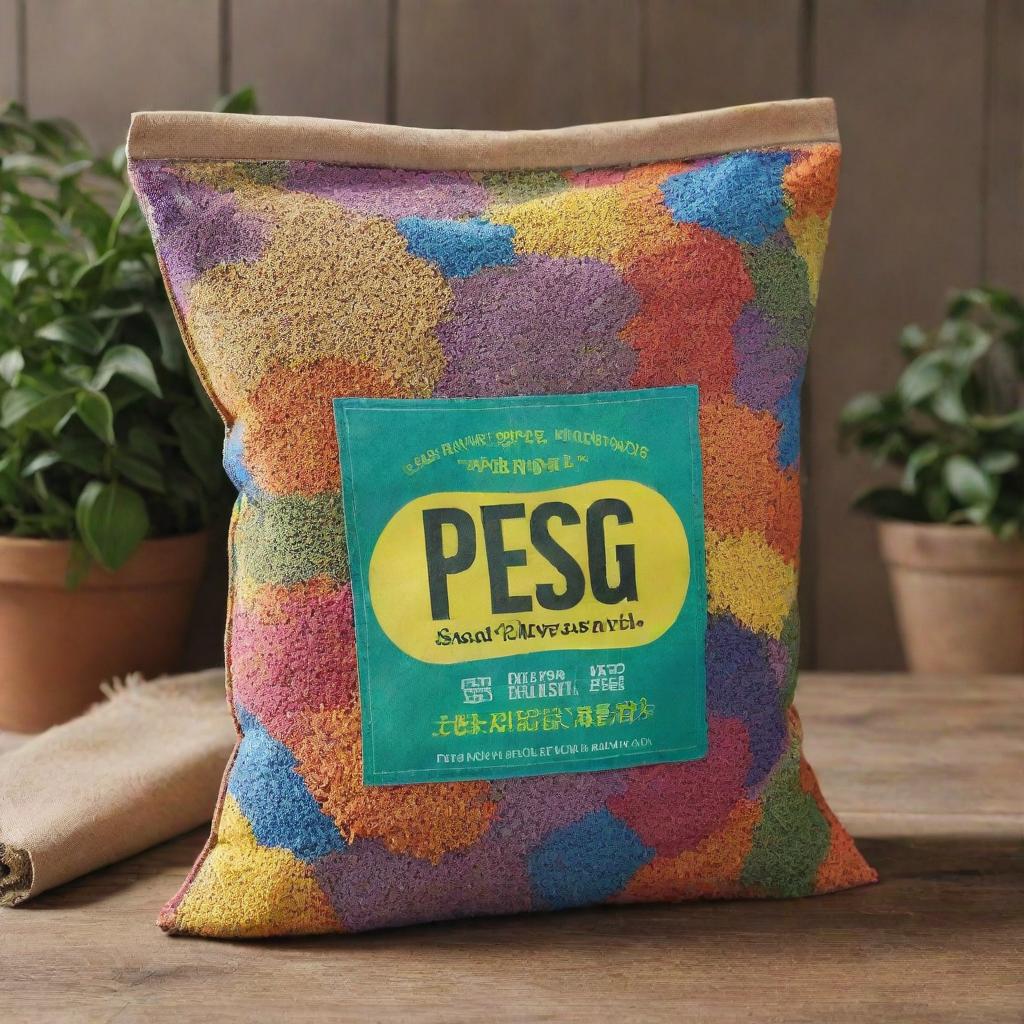 Showcase a vibrant fertilizer bag prominently on the screen. The bag is densely packed, with detailed textures of the material visible, contrasted with the bold colors and whimsical designs representing the type of fertilizer within.