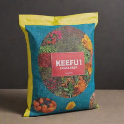 Showcase a vibrant fertilizer bag prominently on the screen. The bag is densely packed, with detailed textures of the material visible, contrasted with the bold colors and whimsical designs representing the type of fertilizer within.