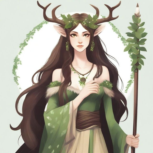 A beautiful female faun druid with brown deer legs adorned with white spots