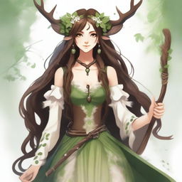 A beautiful female faun druid with brown deer legs adorned with white spots