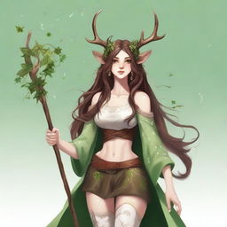 A beautiful female faun druid with brown deer legs adorned with white spots