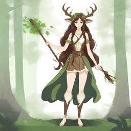 A beautiful female faun druid with brown deer legs adorned with white spots