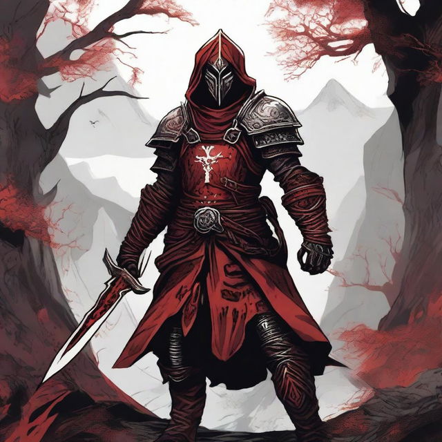 A detailed Dungeons and Dragons themed illustration of a cultist knight, wearing red and black armor with intricate designs, symbolizing tyranny