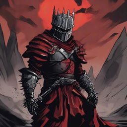 A detailed Dungeons and Dragons themed illustration of a cultist knight, wearing red and black armor with a strong and aggressive design