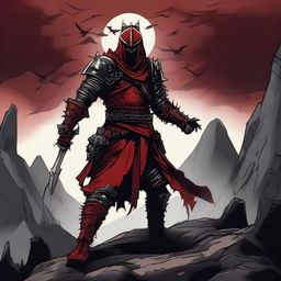 A detailed Dungeons and Dragons themed illustration of a cultist knight, wearing red and black armor with a strong and aggressive design