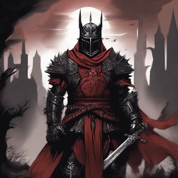 A detailed Dungeons and Dragons themed illustration of a cultist knight, wearing red and black armor with a strong and aggressive design