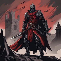 A detailed Dungeons and Dragons themed illustration of a cultist knight, wearing red and black armor with a strong and aggressive design