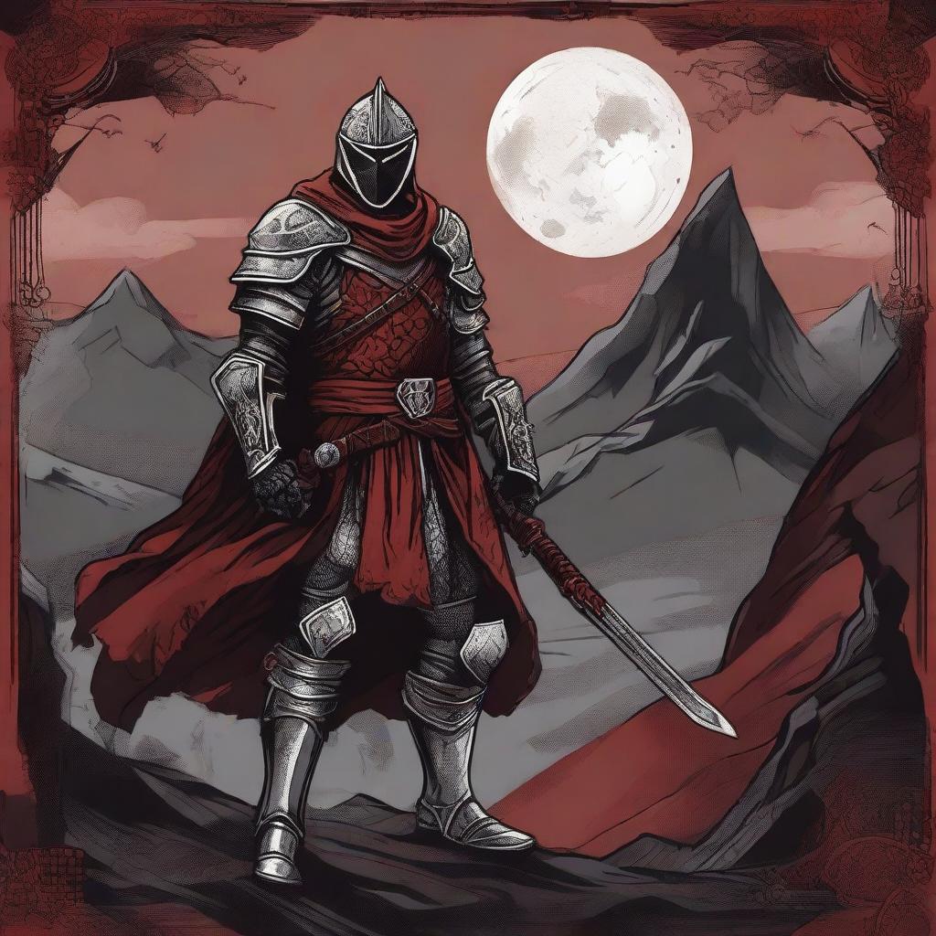 A detailed Dungeons and Dragons themed illustration of a cultist knight, wearing a combination of red, black, and silver armor with intricate designs