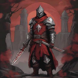 A detailed Dungeons and Dragons themed illustration of a cultist knight, wearing a combination of red, black, and silver armor with intricate designs