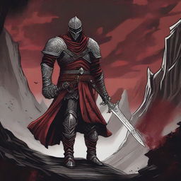 A detailed Dungeons and Dragons themed illustration of a cultist knight, wearing a combination of red, black, and silver armor with intricate designs