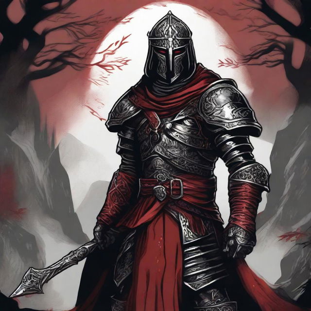 A detailed Dungeons and Dragons themed illustration of a cultist knight, wearing a combination of red, black, and silver armor with intricate designs