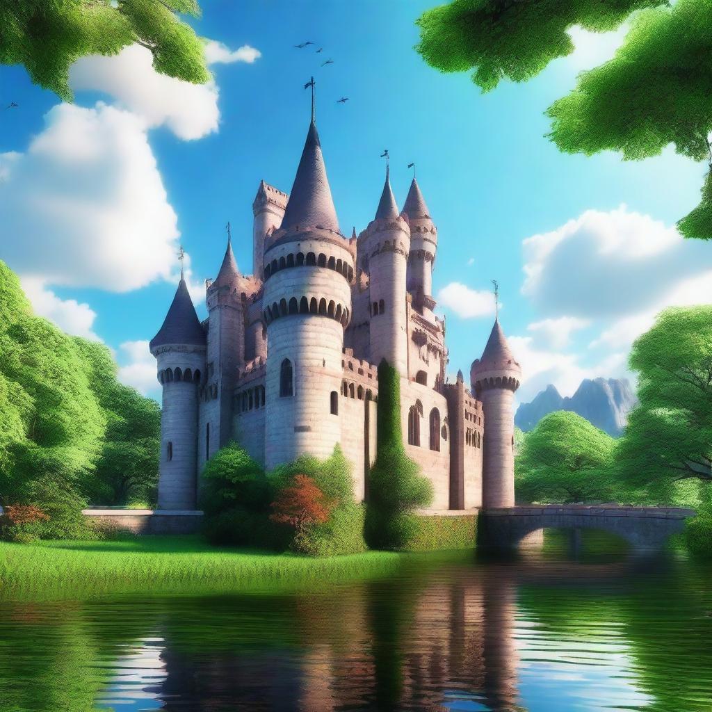 A majestic castle with tall spires and a grand entrance, surrounded by lush greenery and a moat