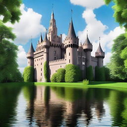 A majestic castle with tall spires and a grand entrance, surrounded by lush greenery and a moat