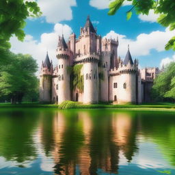 A majestic castle with tall spires and a grand entrance, surrounded by lush greenery and a moat