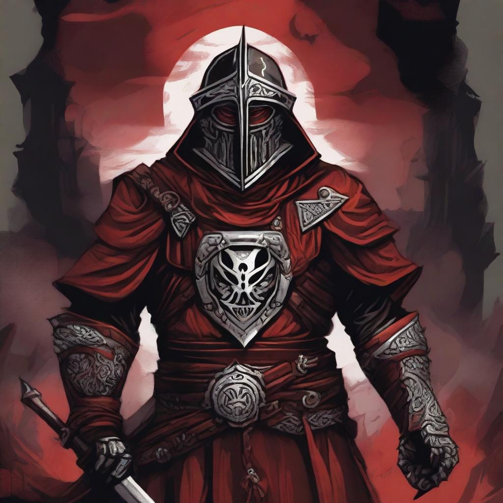 A detailed Dungeons and Dragons themed illustration of an armored cultist, wearing a combination of red, black, and silver armor with intricate designs