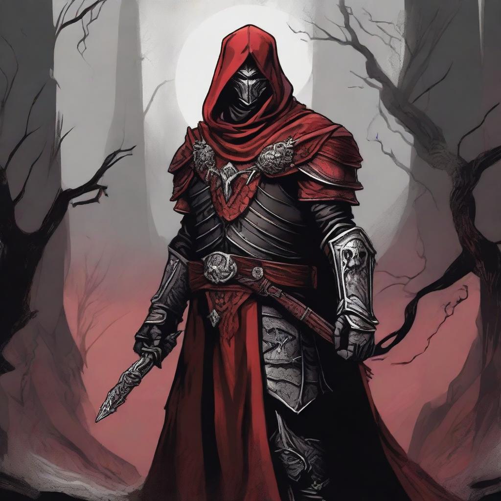 A detailed Dungeons and Dragons themed illustration of an armored cultist, wearing a combination of red, black, and silver armor with intricate designs