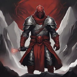 A detailed Dungeons and Dragons themed illustration of an armored cultist, wearing a combination of red, black, and silver armor with intricate designs