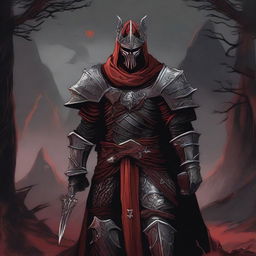 A detailed Dungeons and Dragons themed illustration of an armored cultist, wearing a combination of red, black, and silver armor with intricate designs