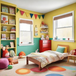 A cozy and colorful children's bedroom with playful decorations, a small bed with cartoon-themed bedding, stuffed animals, and a bookshelf filled with children's books