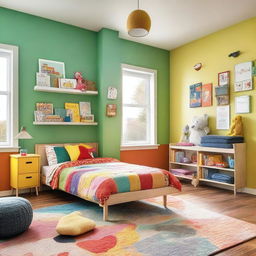 A cozy and colorful children's bedroom with playful decorations, a small bed with cartoon-themed bedding, stuffed animals, and a bookshelf filled with children's books