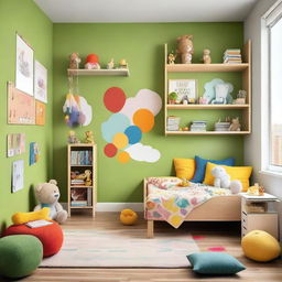 A cozy and colorful children's bedroom with playful decorations, a small bed with cartoon-themed bedding, stuffed animals, and a bookshelf filled with children's books