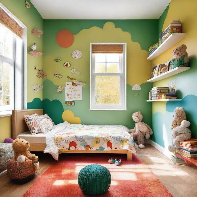 A cozy and colorful children's bedroom with playful decorations, a small bed with cartoon-themed bedding, stuffed animals, and a bookshelf filled with children's books