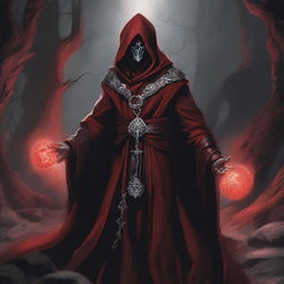 A detailed Dungeons and Dragons themed illustration of an insidious cultist, wearing red, black, and silver robes with intricate, sinister designs