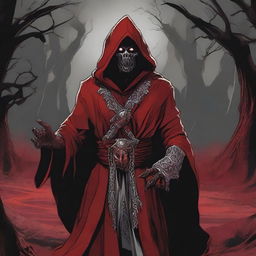 A detailed Dungeons and Dragons themed illustration of an insidious cultist, wearing red, black, and silver robes with intricate, sinister designs