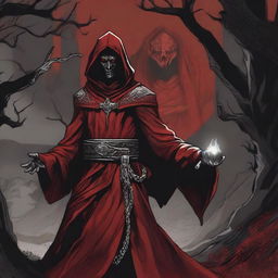 A detailed Dungeons and Dragons themed illustration of an insidious cultist, wearing red, black, and silver robes with intricate, sinister designs