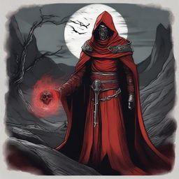 A detailed Dungeons and Dragons themed illustration of an insidious cultist, wearing red, black, and silver robes with intricate, sinister designs