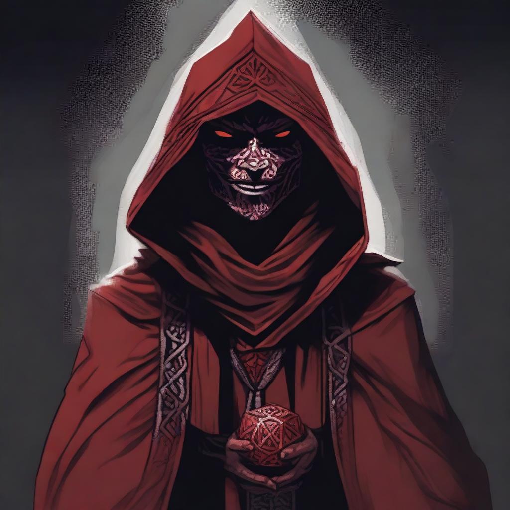 A detailed Dungeons and Dragons themed illustration of a smiling cultist, wearing red and black robes with intricate designs