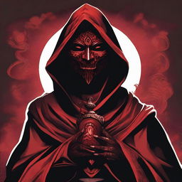 A detailed Dungeons and Dragons themed illustration of a smiling cultist, wearing red and black robes with intricate designs