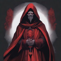 A detailed Dungeons and Dragons themed illustration of a smiling cultist, wearing red and black robes with intricate designs