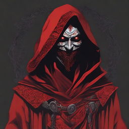 A detailed Dungeons and Dragons themed illustration of a smiling cultist, wearing red and black robes with intricate designs