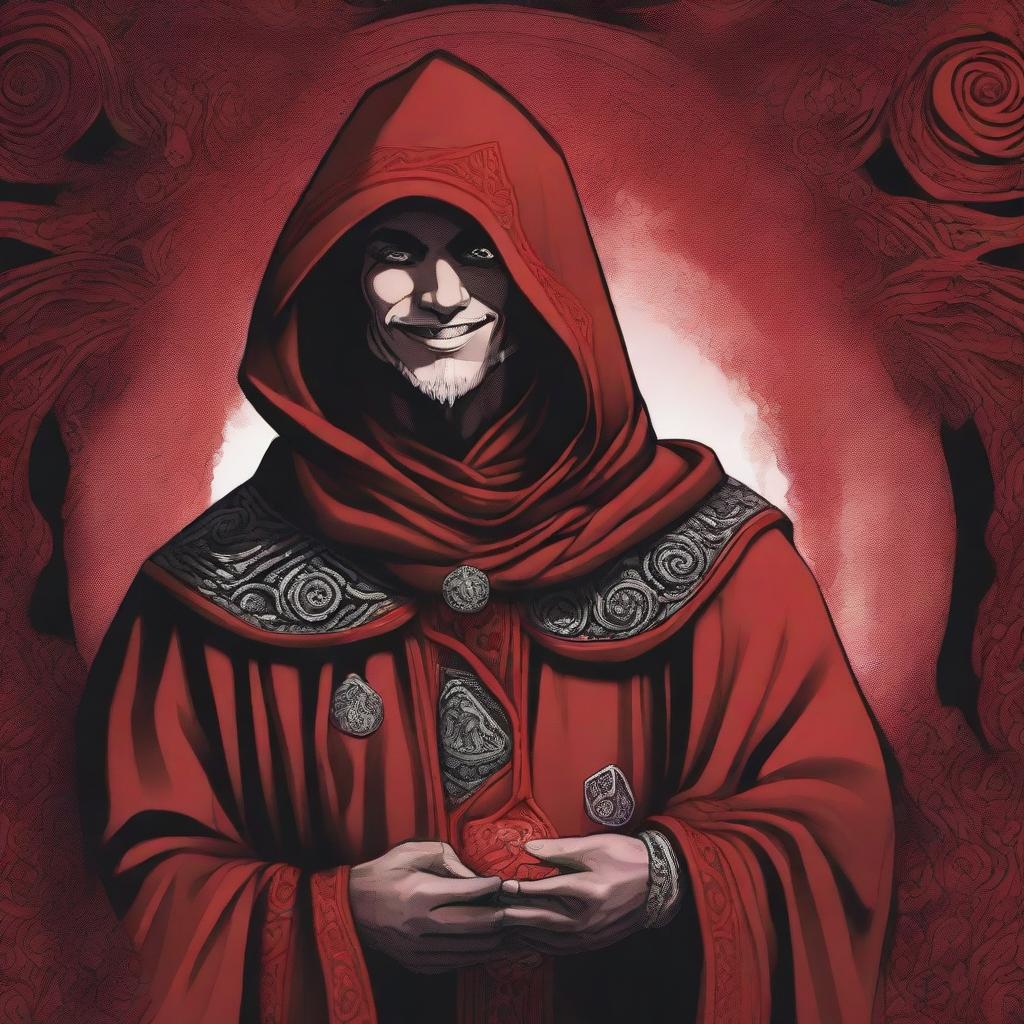 A detailed Dungeons and Dragons themed illustration of a smiling robed man