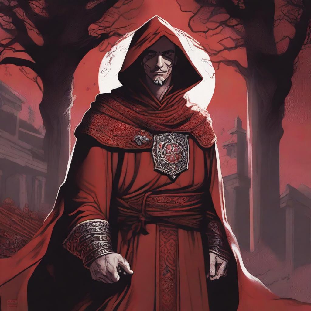 A detailed Dungeons and Dragons themed illustration of a smiling robed man