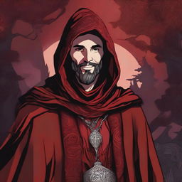 A detailed Dungeons and Dragons themed illustration of a smiling robed man