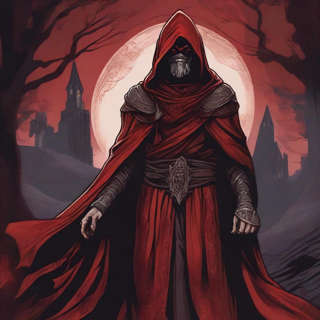 A detailed Dungeons and Dragons themed illustration of a sinister smiling robed man