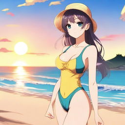 A beautiful anime-style waifu wearing a stylish swimsuit, posing by the beach with the sun setting in the background