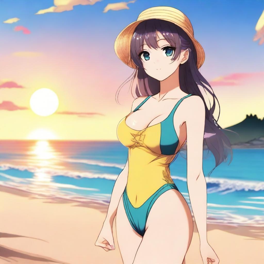 A beautiful anime-style waifu wearing a stylish swimsuit, posing by the beach with the sun setting in the background