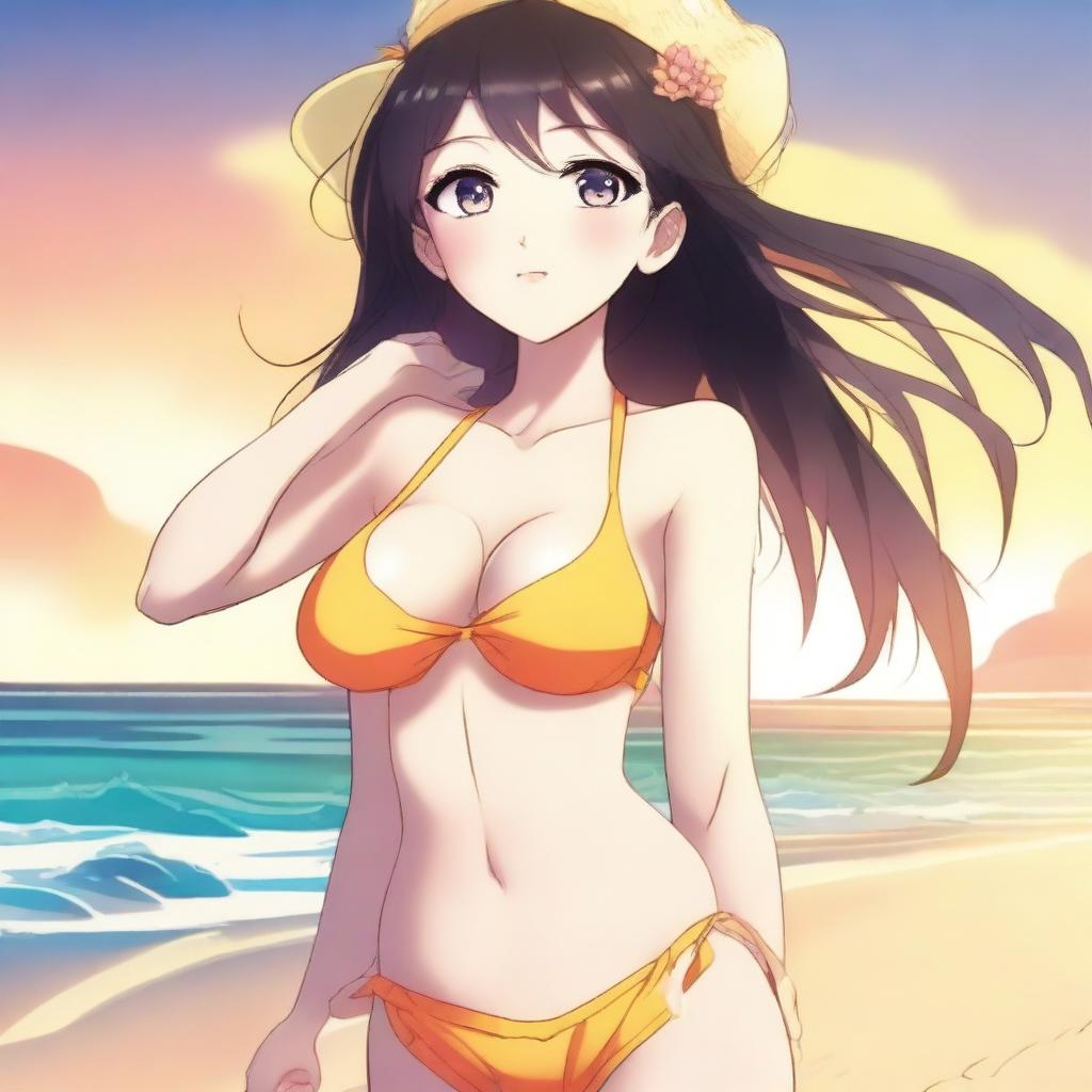 A beautiful anime-style waifu wearing a stylish swimsuit, posing by the beach with the sun setting in the background