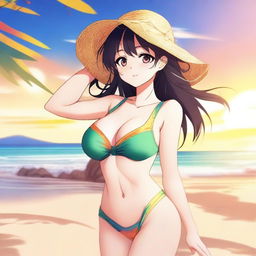 A beautiful anime-style waifu wearing a stylish swimsuit, posing by the beach with the sun setting in the background