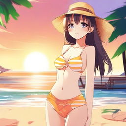 A beautiful anime-style waifu wearing a stylish swimsuit, posing by the beach with the sun setting in the background