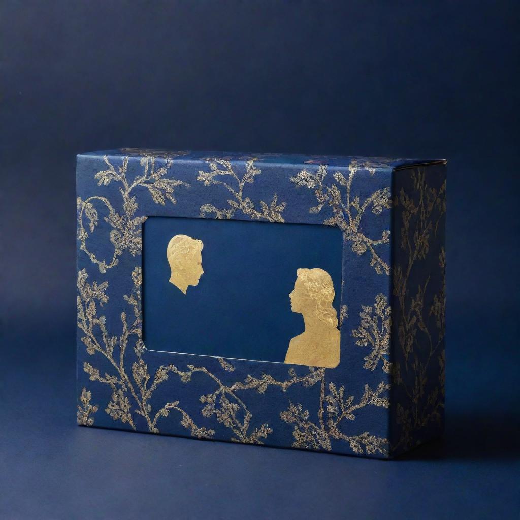 A 4k resolution packaging pattern design featuring a unisex reinterpretation of the Blue Lady concept in a romantic tone, showcased by a couple. The design casts a navy blue background with glimmers of golden accents.